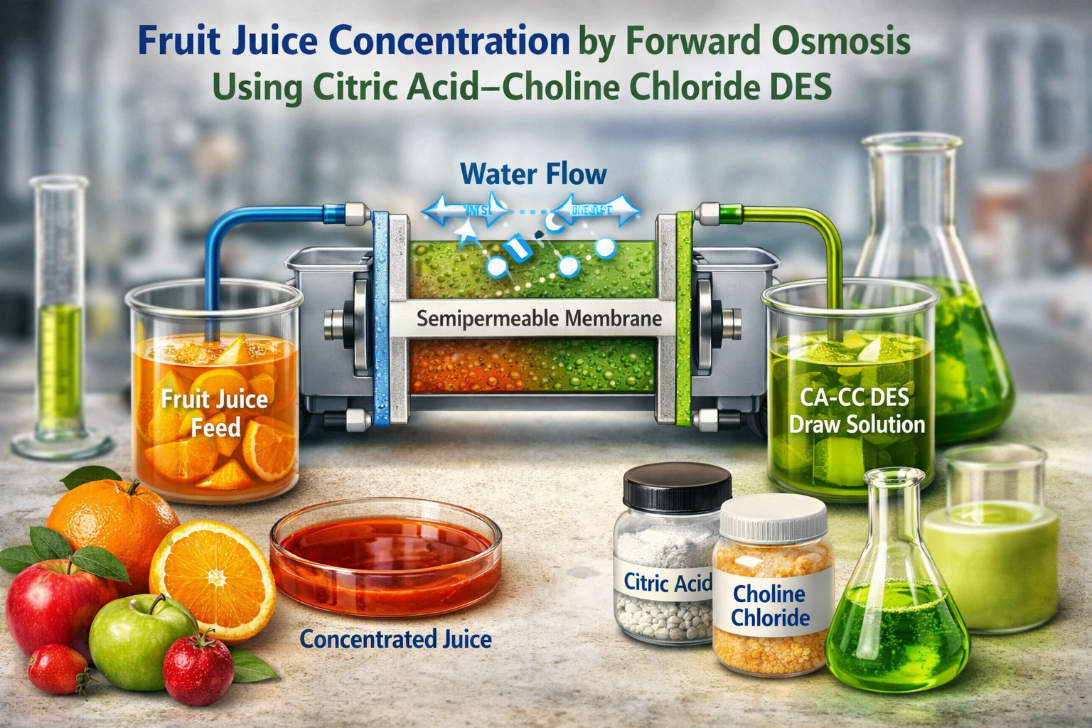تغلیظ آبمیوه با فناوری اسمز مستقیم (Forward Osmosis) و حلال یوتکتیک عمیق؛ رویکردی نوین و پایدار در صنایع غذایی