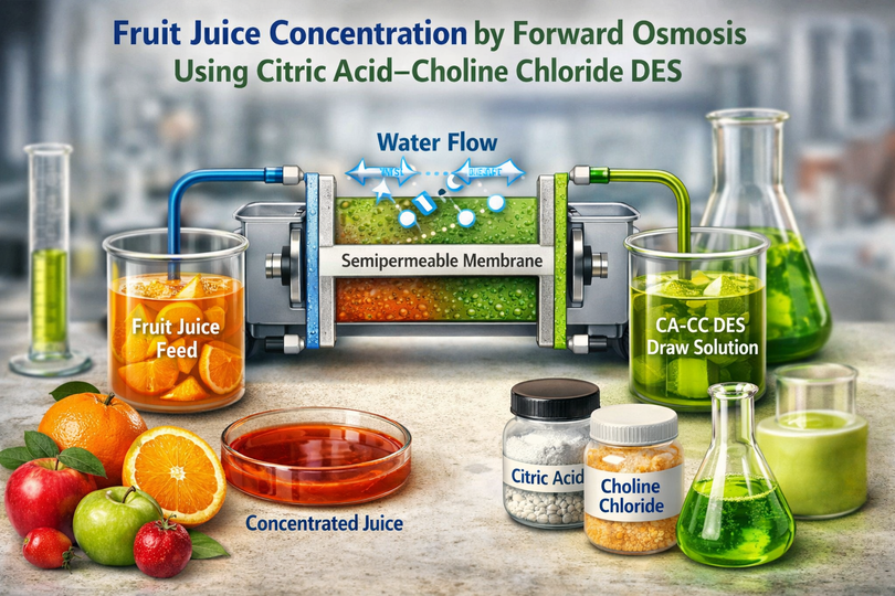 Fruit Juice Concentration by Forward Osmosis Using a Citric Acid–Choline Chloride Deep Eutectic Solvent